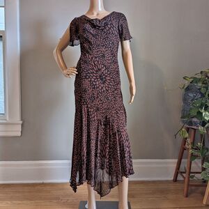 Vintage Y2K Eva Blue Brown Beaded Midi Dress Slinky Earth Fairy Floral Size 6